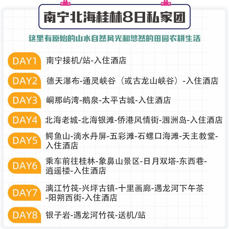 私家团广西南宁北海桂林含往返船票8天7晚德天北海银滩象鼻山漓江