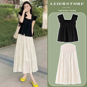 
Pregnant women's dress suit fashionable fashionable summer hot mom black sleeveless loose top skirt two-piece set