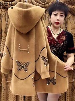 Mian velvet ladies' mother suit autumn and winter new mid-length thickened middle-aged and elderly cardigan knitted hooded jacket coat

