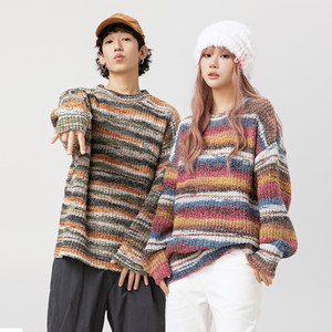 Autumn 2023 New Fashion Trend Round Neck Striped Knitted Sweater with Retro Contrast Color Design Couple Versatile Linen