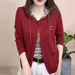 Autumn New Sweatshirt for Middle-Aged Women, Fake Two-Piece Hooded Top, Spring and Autumn Fashion Striped Patchwork Casual Hoodie Cotton