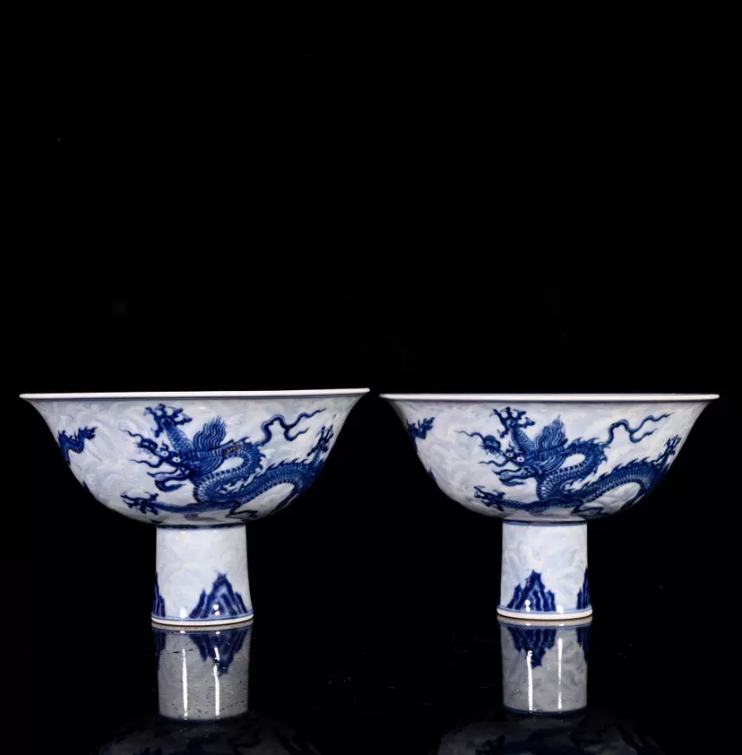 明宣德青花海水龙纹高脚杯古董古玩古瓷器收藏-Taobao