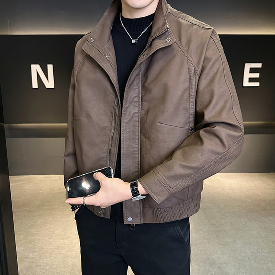 
Leather men's jacket autumn and winter 2025 new trendy brand stand collar men's high-end handsome motorcycle leather jacket