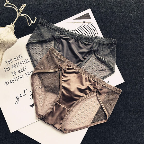 New European and American style ice silk lace patchwork sexy underwear, women's mesh transparent triangle pants, quick drying shorts, medium and low waisted