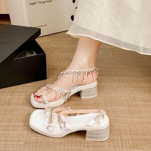 High heel sandals for women 2025 new summer outfit women's thick heel Roman French skirt seaside beach shoes