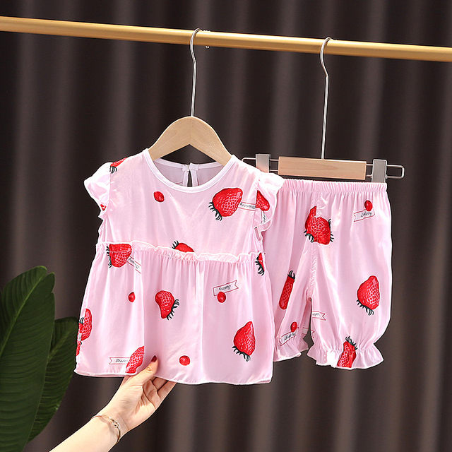 Summer cotton silk children's and girls' pajamas short-sleeved thin ...