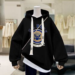 Trendy Brand College Style Hooded Sweatshirt for Women 2025 Spring, Autumn, Winter Loose Fit Fleece-Lined Thickened Mid-Length Lazy Style Covers the Hips