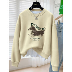 Cute Puppy Crewneck Sweatshirt for Women 2026 Spring, Autumn, Winter Loose Lazy Style Fleece-Lined Thick Long-Sleeve Pullover Top Trendy