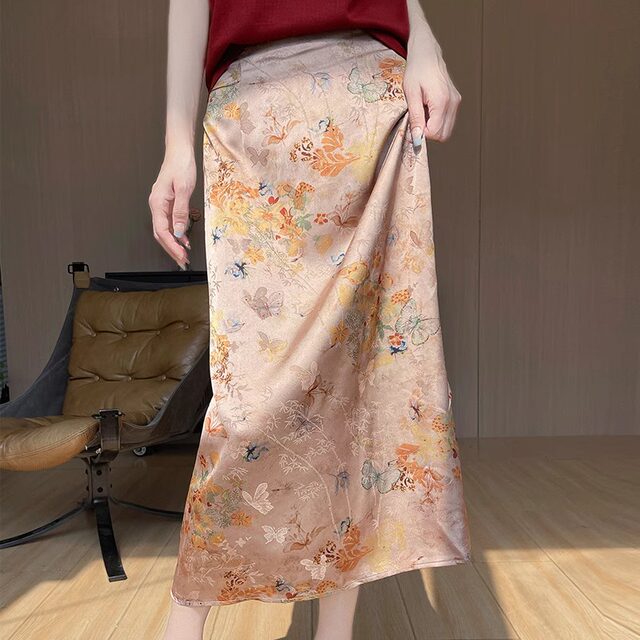 Drooping printed skirt for women in summer new high-waisted slim hip skirt small satin mid-length A-line skirt