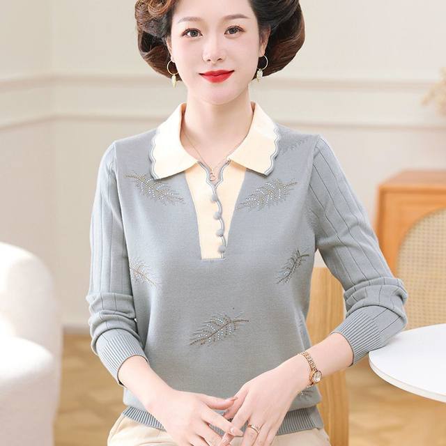 Mom's Spring and Autumn Two-piece Lapel Loose Top Middle-aged and Elderly Women's Knitted Sweater Winter Fashion Set