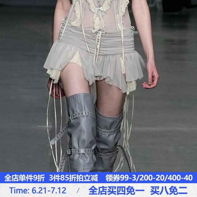 MSYOUCAN Show mesh spliced ​​pleated lace-up tassel skirt low-waisted hot girl old-fashioned miniskirt