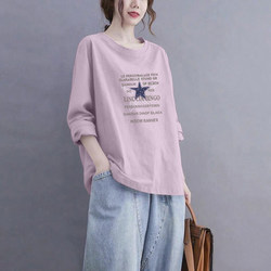 Clearance Sale for Export: 100% Pure Cotton Long-Sleeve Elegant T-Shirt for Women, Round Neck, Loose Fit, Autumn Base Shirt Top