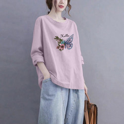 Brand Export Clearance 100% Pure Cotton Long-Sleeved Stylish T-Shirt for Women, Autumn and Winter Loose Casual Base Shirt Top