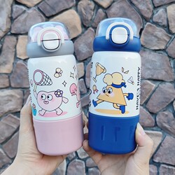 Cute Large-Capacity 316 Stainless Steel Kidsren's Thermos Cup, Simple and Portable Straw Water Cup, High-Looking Double-Drink Cup