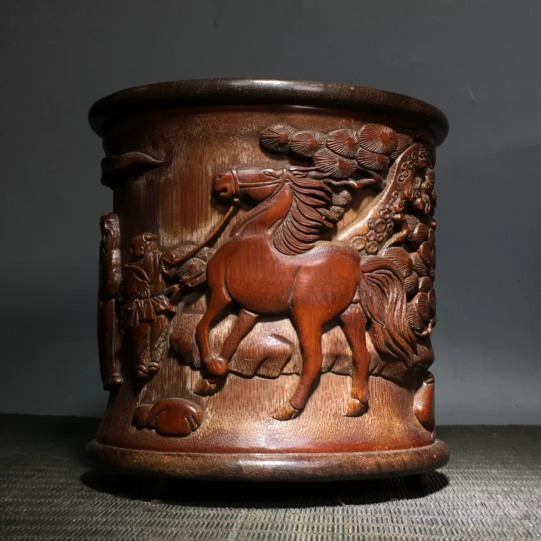 中国 古美術彫刻 古玩 時代唐木紫檀 筆筒 書道具 唐物 R242 清代