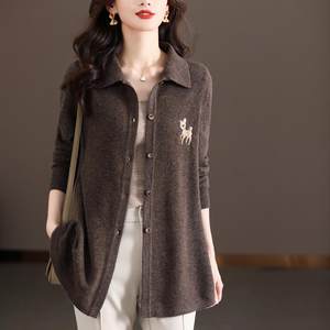 High-end cashmere sweater women's mid-length large-size cardigan POLO collar shirt wool outer embroidered jacket