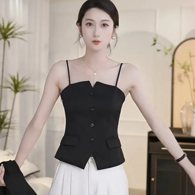 Black vest vest women 2025 summer new fashion high-end temperament suit inner strap slim body
