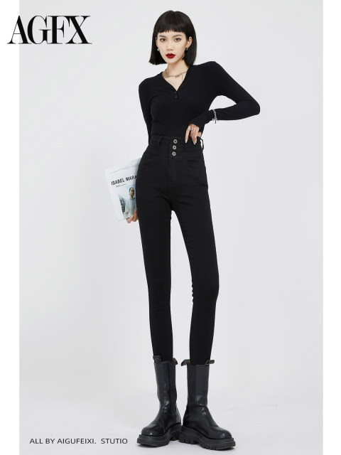 Black elastic belly-tightening high waist jeans for women in 2025 Spring and Autumn New Slim and Slim Slim and Tight Small Feet Pencil Pants