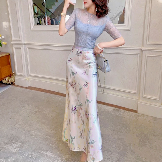
Feijie customized Chinese retro satin skirt printed elegant A-line mid-length skirt hip-cover skirt skirt