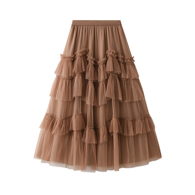 Wood fungus lace cake skirt mesh skirt 2025 spring and autumn new women's versatile long skirt gauze skirt fluffy skirt