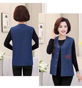 Mom denim vest female spring and autumn jacket in the middle and elderly, plus fat large size, shoulder sleeveless loose thin horse clip vest