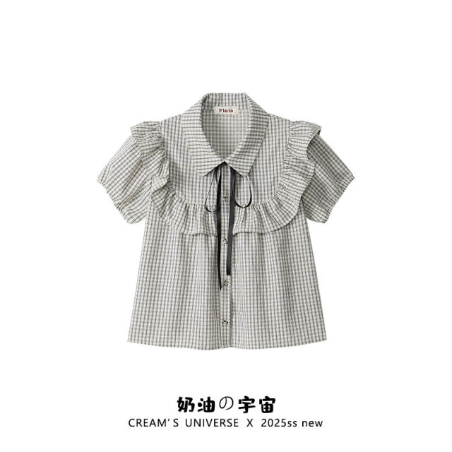 Cream universe bow plaid polo collar doll shirt short-sleeved women's college style slim puff sleeve top