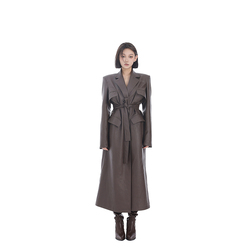 Pempl Multi-pocket Brown Long Leather Coat For Women In Autumn And Winter New Style Lace-up Slimming Temperament Versatile Coat Trendy