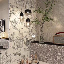 French-Style Retro Cream White Bathroom Tiles with Animal Rabbit Designs, Small Floral Tiles, Bathroom Toilet Fishbone Wall Tiles, Terrazzo