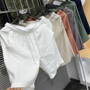 Linear shorts men's summer cotton linen five-point mid-size pants for men's British retro loose casual beach pants
