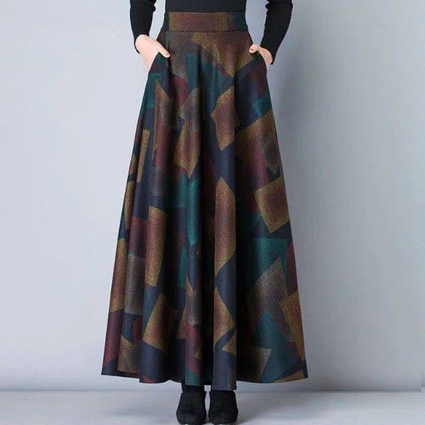 New spring skirt high waist mid-length wool pocket long skirt large a-line skirt wearing Nimei floral skirt