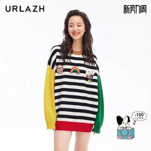 
URLAZH Youlan New Casual and Versatile Lazy Style Wool Design Contrast Striped Round Neck Knitted Sweater for Women