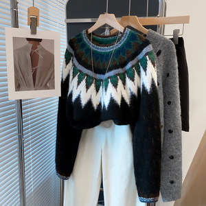 
Round neck Fair Isle sweater women's pullover 2025 autumn and winter new style loose outer knitted sweater with western style bottoming shirt