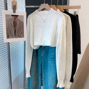 
Lace Half Turtleneck Sweater Women's Bell Sleeve Bottoming Shirt 2025 Autumn and Winter New Loose Knitted Sweater Trendy Top