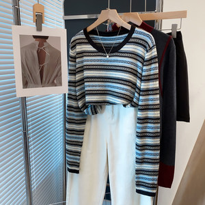 
Round neck striped sweater women's pullover 2026 spring and autumn new top loose outer knitted sweater with bottoming shirt trendy