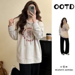 Korean-Style Letter-Print Hooded Fleece Sweatshirt for Women, Spring Season, Plus-Size, Loose-Fitting, Mid-Length Top for Slightly Chubby Women