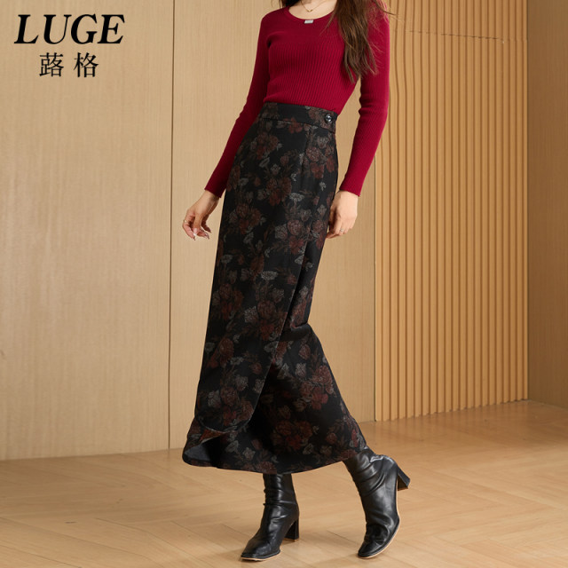 2024 new printed hair wool woolen skirt autumn and winter one -piece wrap skirt winter long mother dress straight skirt
