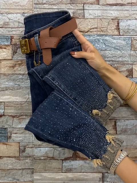 European Station 2023 autumn new heavy industry star hot drill hole denim small feet nine-point elastic pencil pants