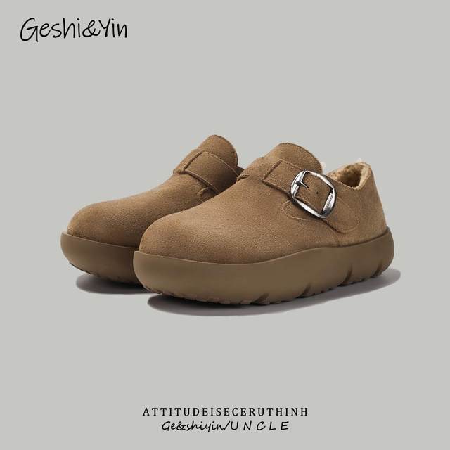 Geshiyin thick-soled Birkenstock shoes for women 2025 new winter fashion velvet warm cotton shoes versatile casual women's shoes