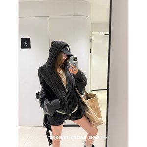 Eleven stone pit twist hooded zipper sweater cardigan jacket women's loose casual knitted shorts two-piece set ll