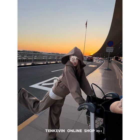 
Eleven stones private server series! Velvet hooded sweatshirt jacket, loose slimming straight wide-leg pants casual suit II