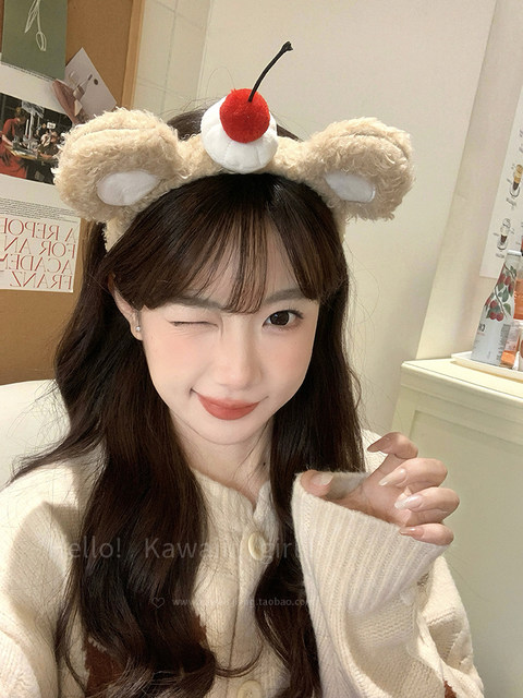 Cute plush cherry bear ears headband spring and summer face washing ...