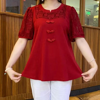 
New summer new products fashionable simple spliced ​​lace temperament buttons versatile loose and slim mother top
