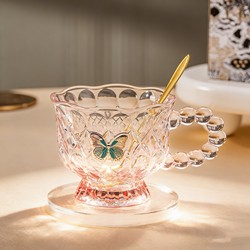 Nordic Cute Female Tea Cup Office Coffee Cup with Handle Water Cup Household Small Flower Tea Cup Transparent Glass Cup