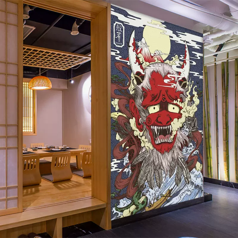 3d日本般若浮世绘背景墙纸日式和风文化壁画纹身店工作室