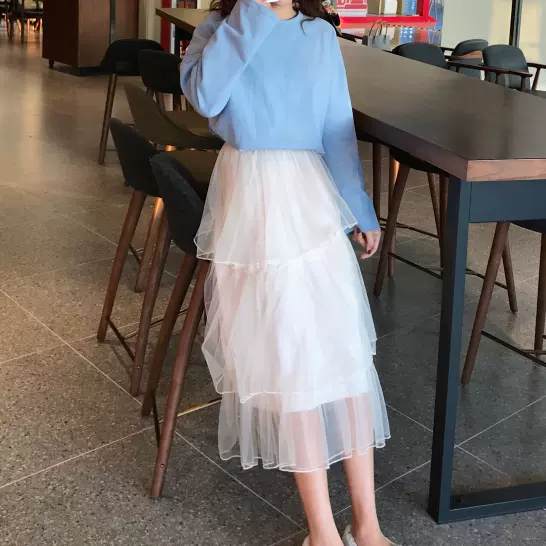 小個子150cm蛋糕裙半身長裙夏天薄款高腰黑紗裙子