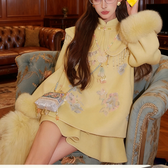 
Earth Store Yuejin Fanghua Winter New Chinese Style National Style Loose Sheep Wool Double-sided Wool Coat Set