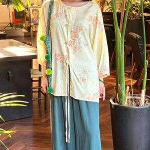 
[Poetic Chinese Style] Summer women's new Chinese style cotton silk top loose mid-sleeve round neck small shirt