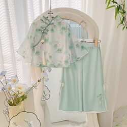 Girls' Outfit 2025 Summer New Style Children's New Chinese Style Lotus Wide-Leg Pants Tang Suit Little Girl Two-Piece Set
