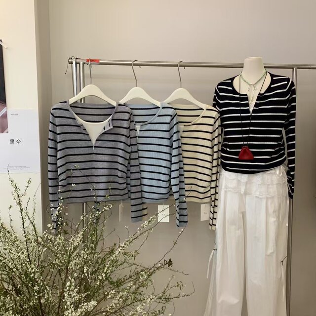 2025 new style Rina contrast color casual slim and versatile fake two-piece striped sweater top for women