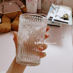 ins Wind Glass Cup Retro Embossed Transparent Water Cup for Girls, High-Quality, Cute, and Elegant Home Drinking Cup